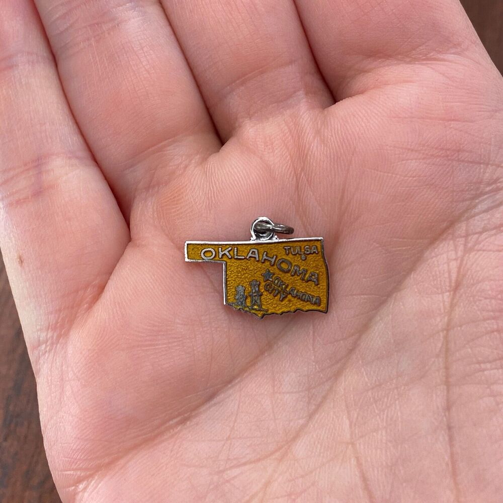 Vintage Wells 925 Sterling Silver Cloisonné "Oklahoma" State Map Pendant Charm